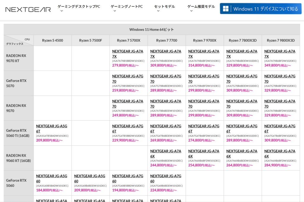 NEXTGEARのPCスペック